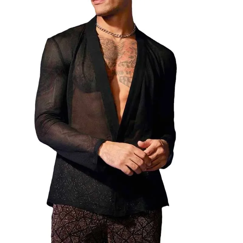 V-neck Sexy Mens Shirt Stylish Black Transparent Mesh Cardigan Long Sleeved POLO Shirts for Men