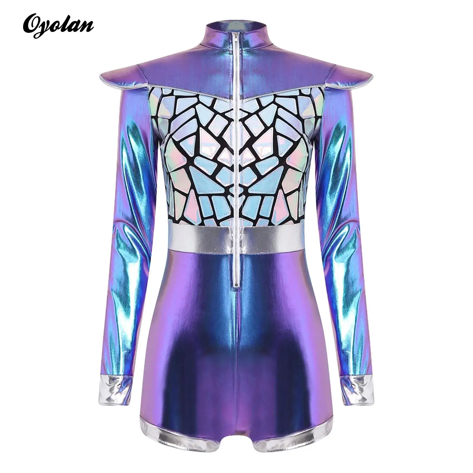 

Womens Shiny Metallic Holographic Jumpsuit Festival Clubwear Glitter Sequin Long Sleeve Front Zipper Short Bottoms Rompers