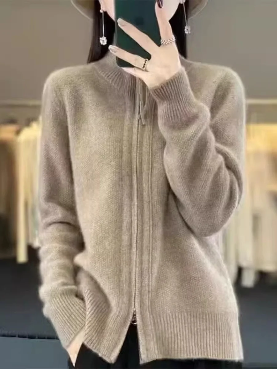 

Autumn 2024 Women's Thiened High Collar Double Zipper Knitted Wool Cardigan Pure Color Slimming Camere Outerwear