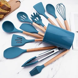 12Pcs/Set Silicone Kitchen Utensils With Storage Wooden Handle Bucket High Temperature Resistant And Non Stick Pot Spatula Spoon