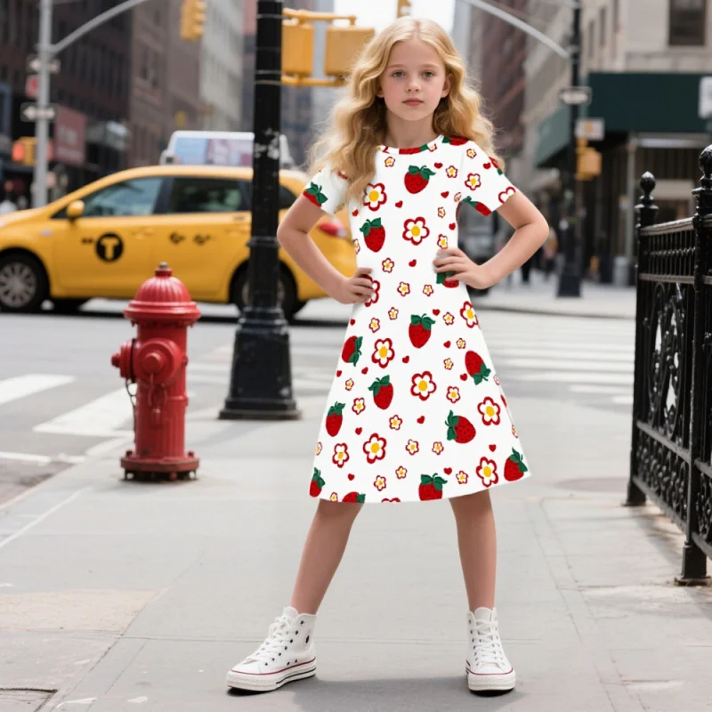 

2025 Girls Strawberry Floral Print Cute Fashion Short Sleeve Medium Long Dress - Children's Summer Dress