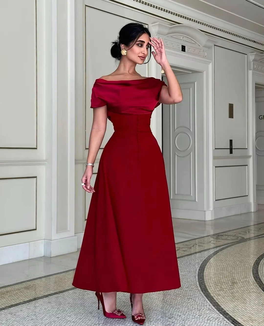 فستان سهرة عربي مخصص بطول الكاحل بدون أكتاف مطرز باللون العنابي فستان حفلات بدون حمالات دبي للنساء لحفلات الزفاف الرسمية D