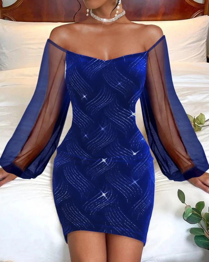 

2024 Women Sexy Slim Dresses Solid Color Off The Shoulder Long Sleeve Rhinestone Sheer Mesh Velvet Bodycon Skinny Daily Dress