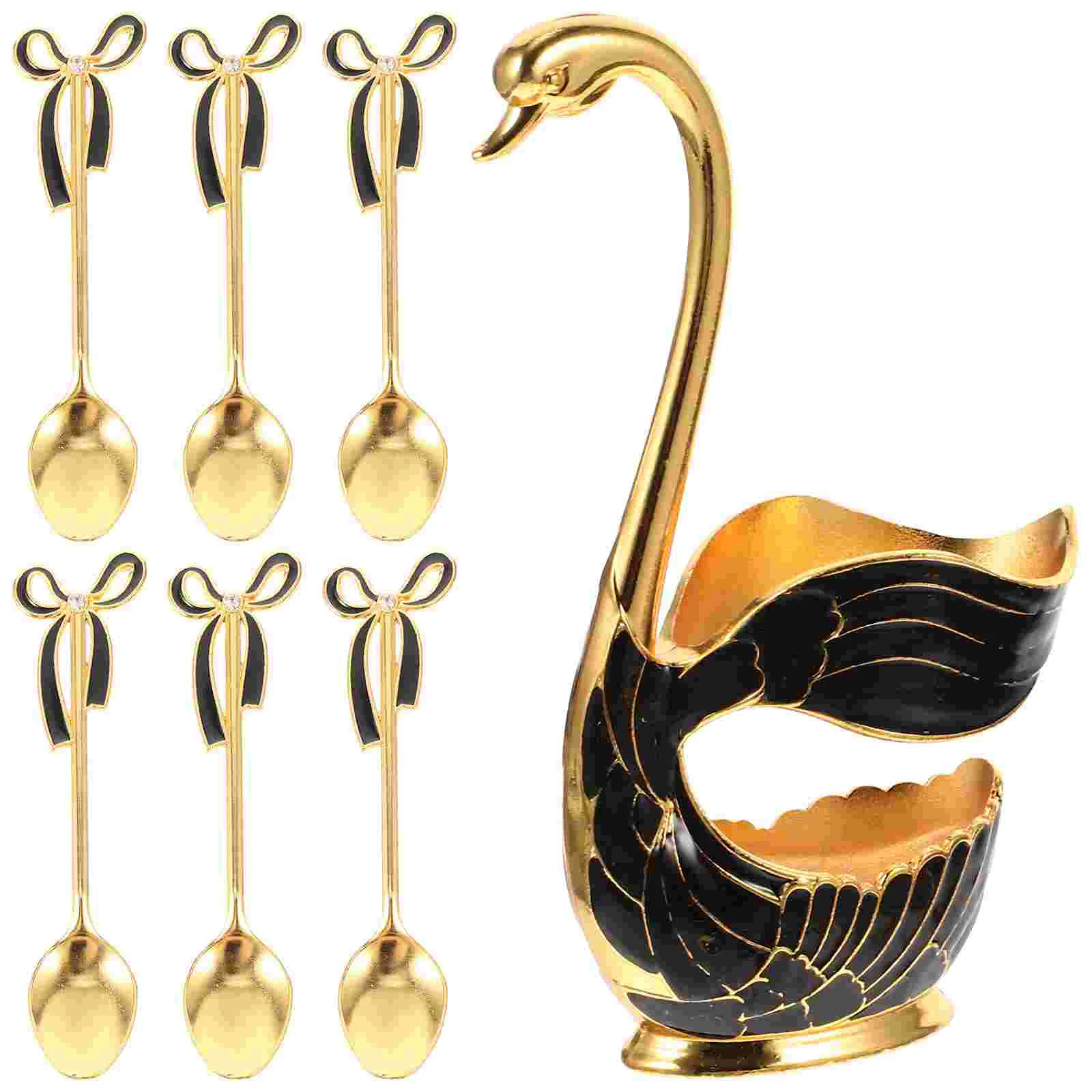 

Elegant 6pcs Alloy Swan Base Dessert Spoon Holder Set Compact Design Kitchen Teaspoons Coffee Spoons Storage Family Restaurant