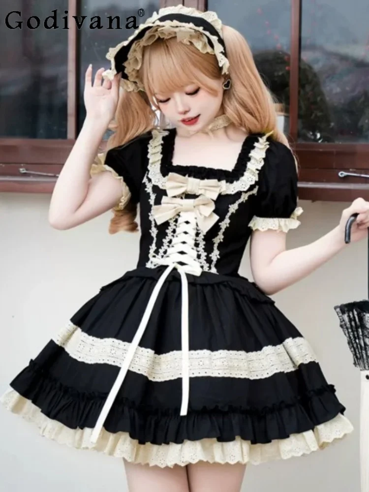 Elegant Square Neck Short Sleeve Sweet Party Lolita Dress Fashion Versatile Age Reduction Black High Waist Princess Cake Dresses