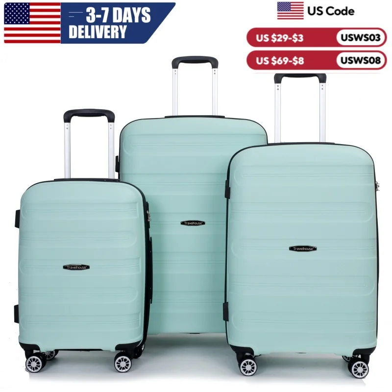 Travelhouse hardshell 3 Piece Set, PP Hard Wheel Suitcase Set with Spinner Wheels, TSA Lock, 20“24”28“