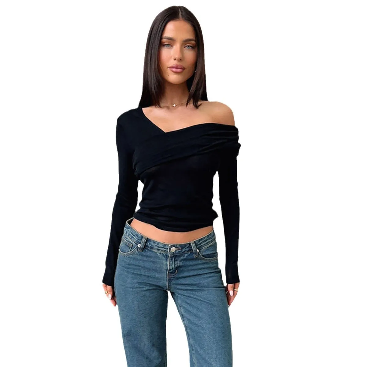 

Новая однотонная женская одежда в европейском и американском стиле, осенне-зимний сексуальный утягивающий топ с открытыми плечами и длинными рукавами, v-образным вырезом