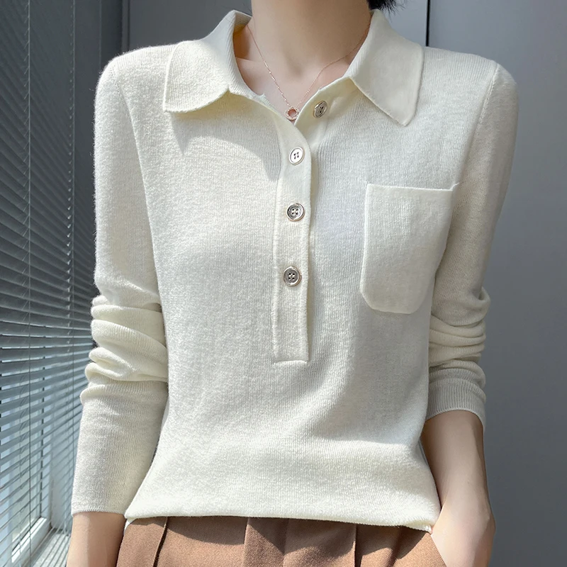 Women 100% Pure Merino Wool Soft Sweater Polo Collar Pullover Autumn Winter Casual Knit Tops Solid Color Regular Female Knitwear