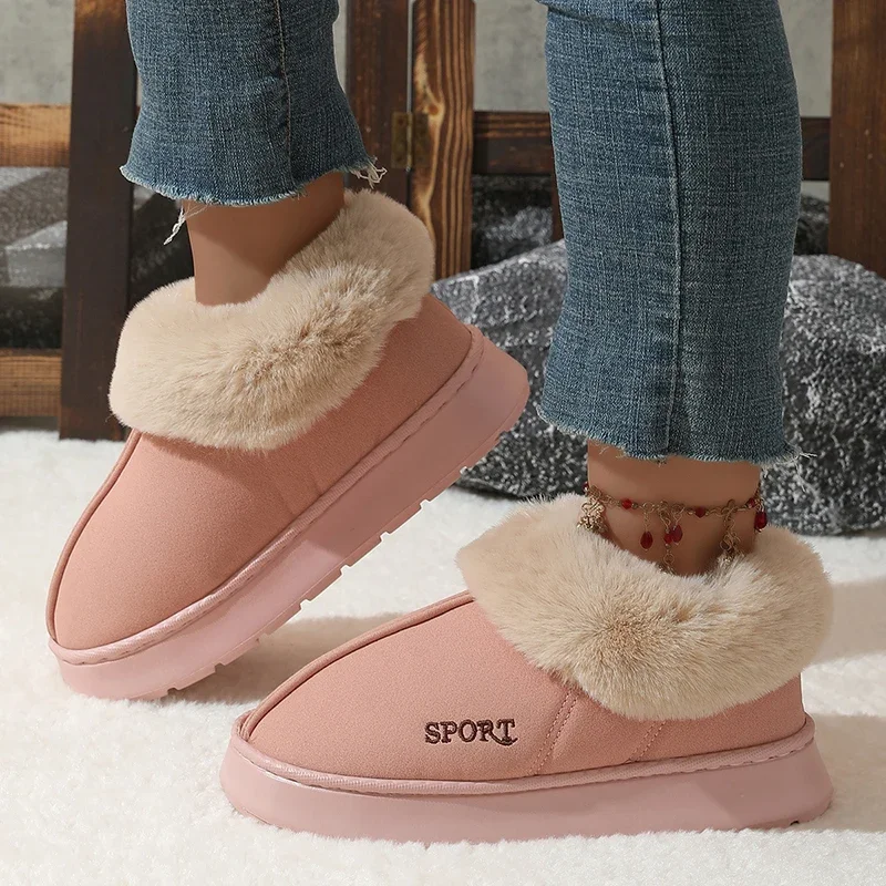 

2024 Pink Faux Fur Winter Boots Women New Faux Suede Short Plush Snow Boots Woman Non Slip Thick Bottom Cotton Padded Shoes 45
