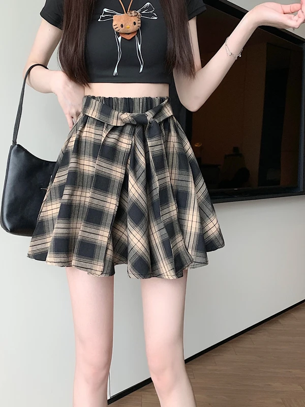 

Summer Plaid A-Line Skirt Women's High Waist Polyester Fiber Anti-Light Sexy Girl f-length Skirts Versatile Retro Skirts