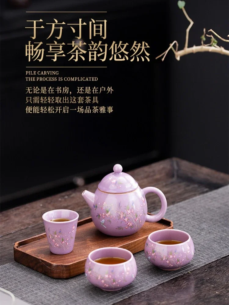 

Purple Ru Kiln Ceramic Travel Tea Set 1 Pot 3 Cups Portable Fast Brew Cup Outdoor Tea Maker