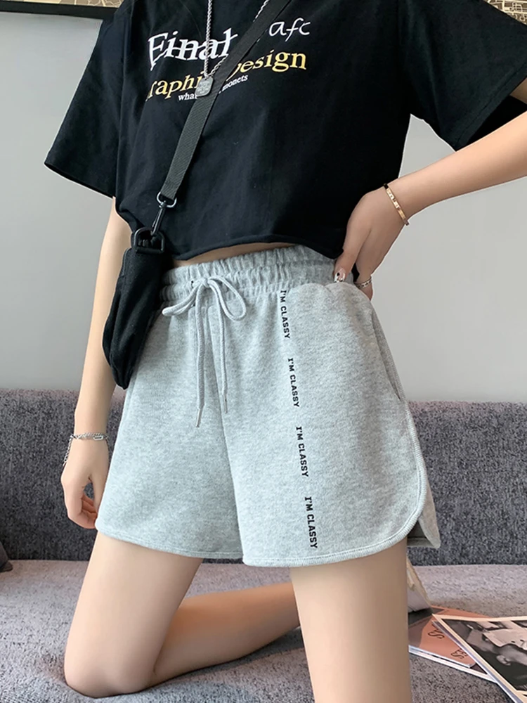 Letter Print Sports Shorts Women Casual Student High-waisted Running Shorts Summer Loose Basic Orange Gray Black Shorts