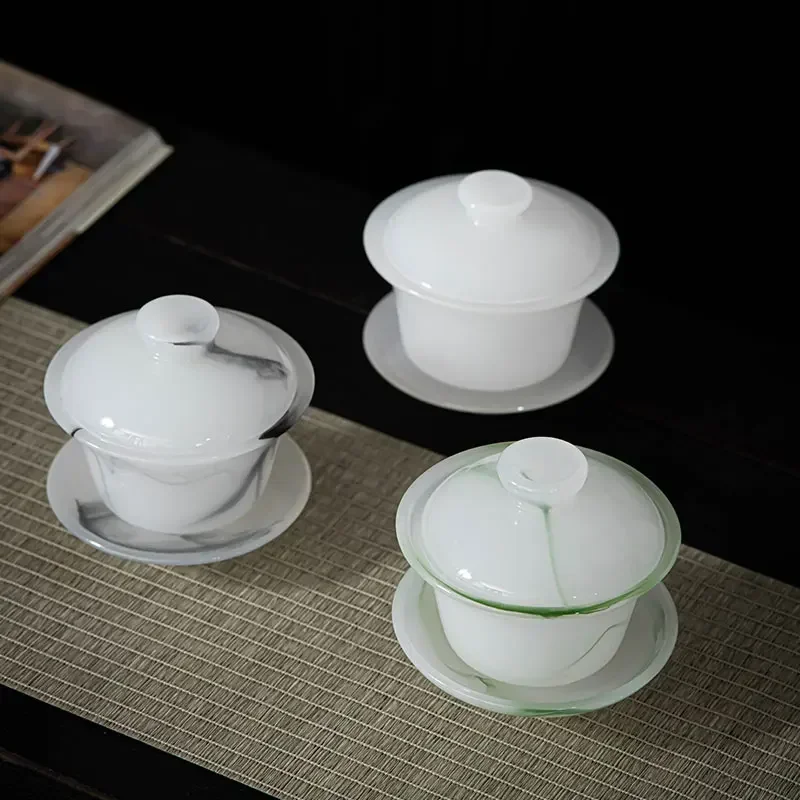   Simple Atmosphere Three Only Glass Cover Bowl Classical And Elegant White Ceramic Imitation Jade Bubble Tea Bowl for Tea