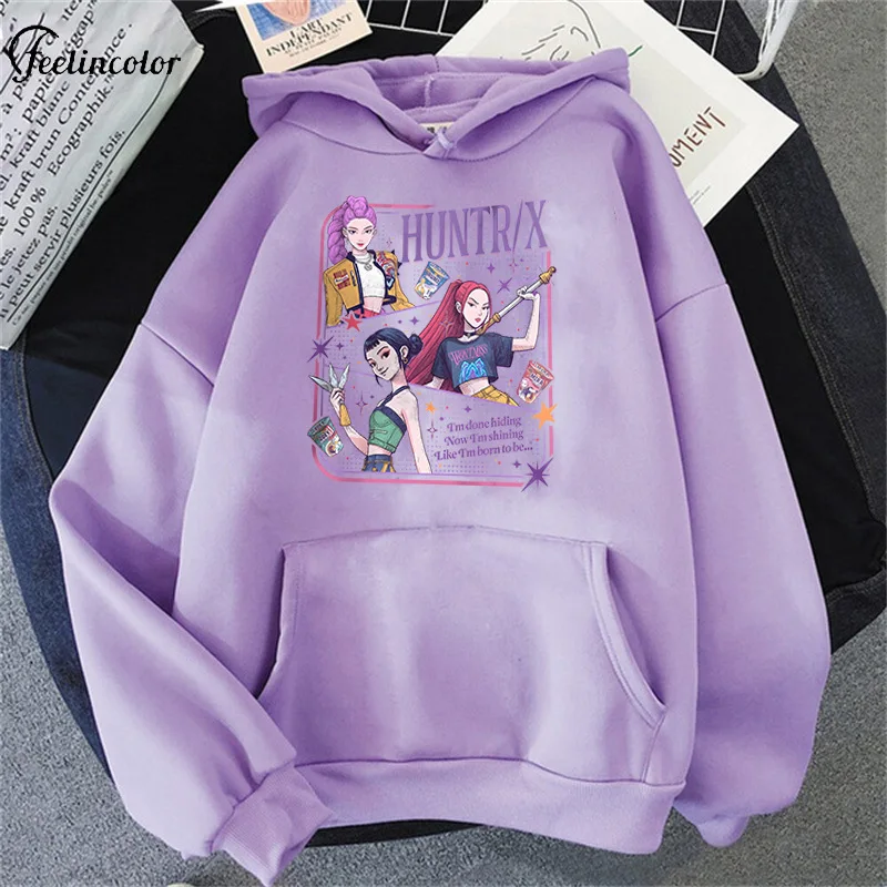 Kpop Demon Hunters Pattern Hoodie Oversized Loose Lavender Huntrix Pullover Casual Fashion Streetwear Harajuku Unisex Clothing