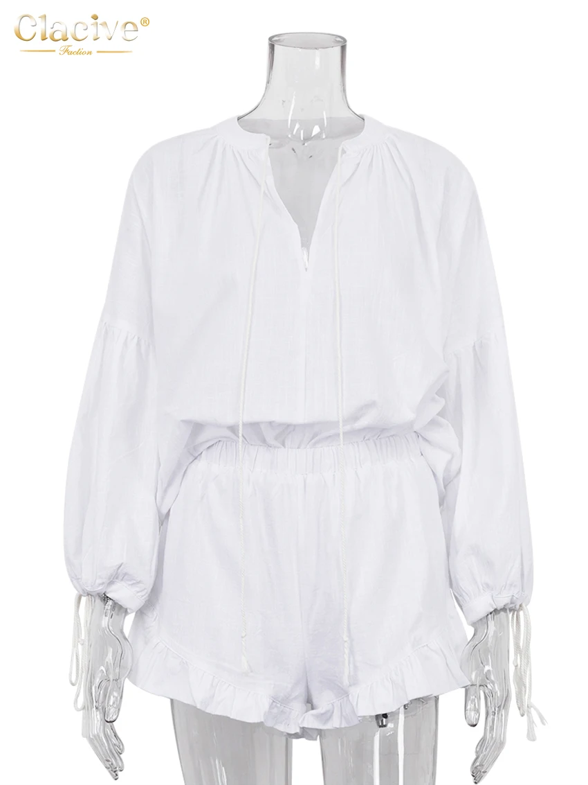 Clacive Casual Loose White Cotton 2-teilige Sets Damen Outfit elegantes Schnür hemd mit Puff ärmeln und Rüschen shorts mit hoher Taille