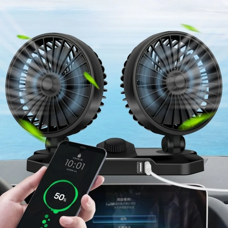 

USB Car Fan Dual Head 12V Oscillating Portable for Dashboard SUV RV Truck 360 Rotation Air Cooler 2 Speeds
