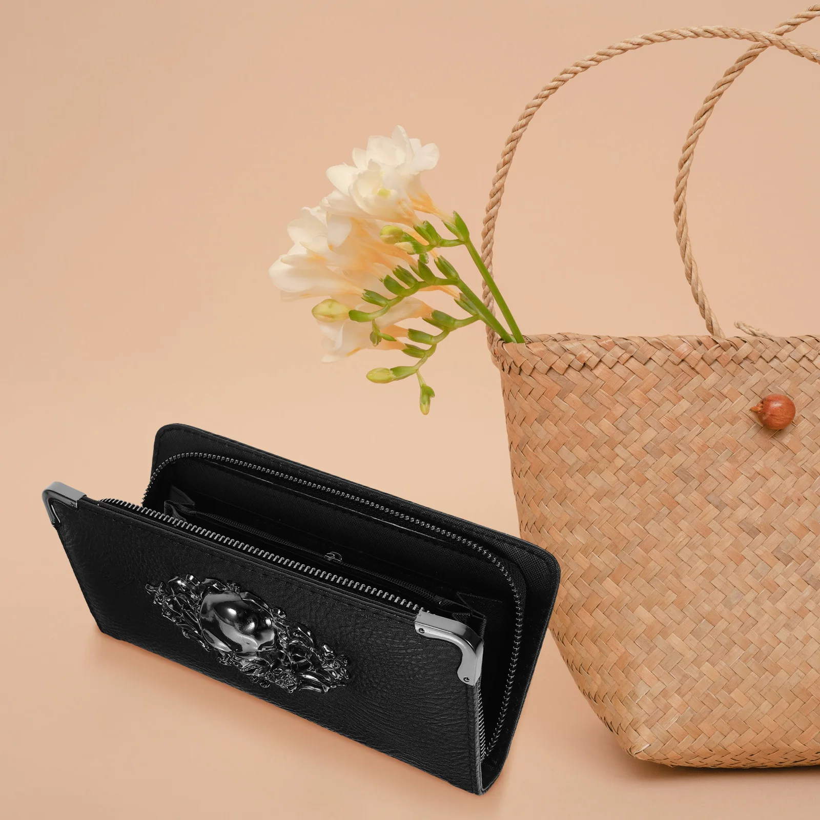 Versione coreana lunga retrò punk modello teschio pochette nera portafoglio da donna donna lungo stile punk retrò modello teschio