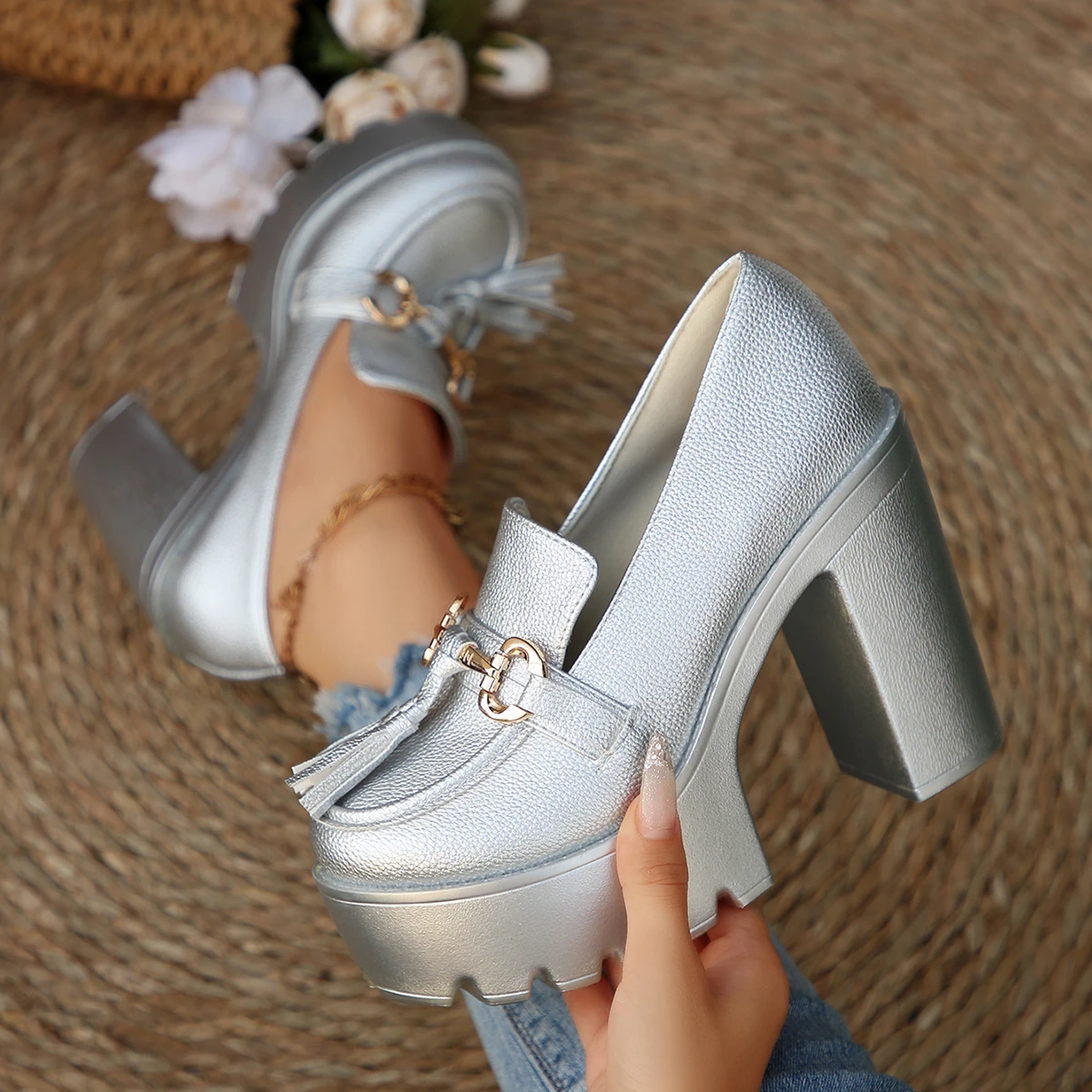 

Sweet Bow High Heel Not Tired Feet Mary Jane Shoes Women's 2026 Spring New French Lace Small Leather Shoes