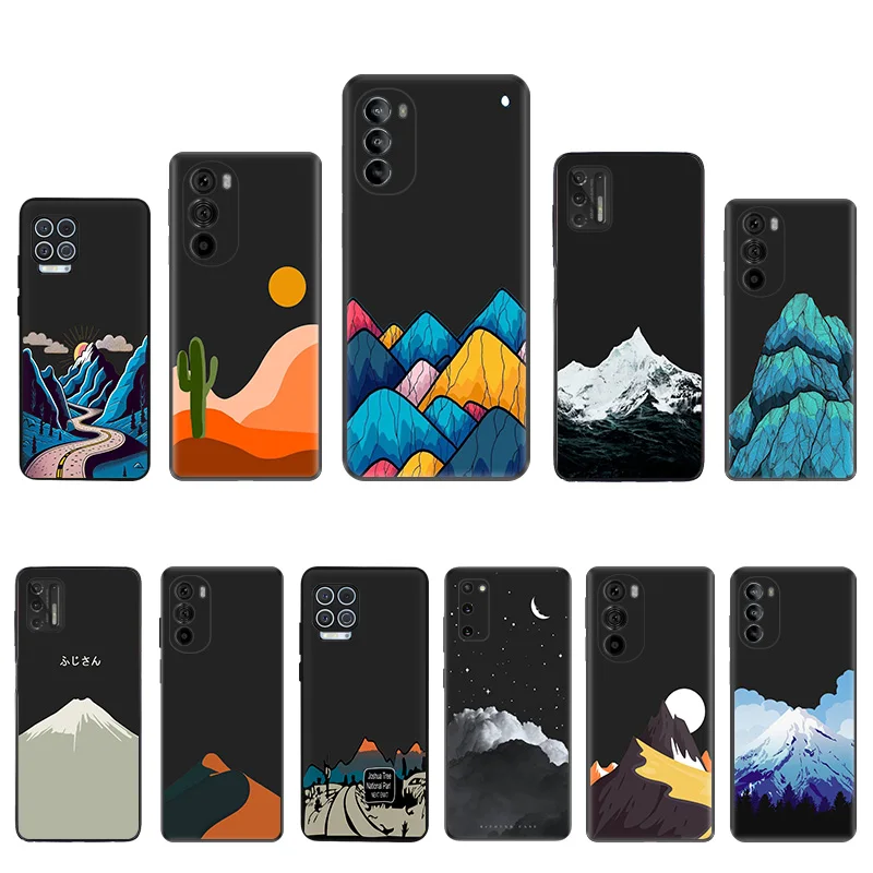 Black Soft Phone Case for Motorola G32 G50 G51 5G G60 G71 G22 G52 G72 G53 G73 Moto G9 Colorful Moon Snow Mountain Volcano Cover