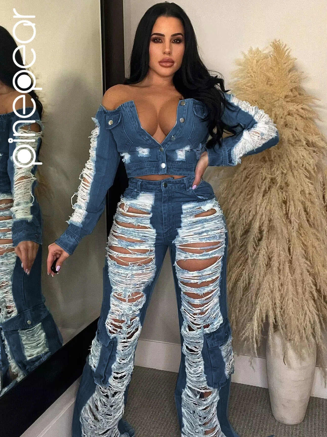 

PinePear Pocket Solid Color Overalls Jeans Women 2024 Y2K Street Retro Denim Pants Ripped Hollow Out Casual Joker Mopping Jeans