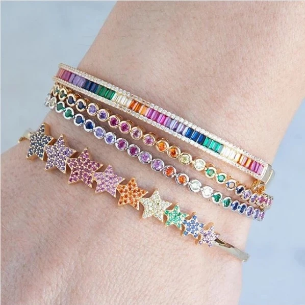 Hot Fine Delicate Bangle&bracelet Rainbow Gradual Bar Geometry Cz Spectacular Open Cuff Bangle Women Girl Christmas Gift 56-58mm