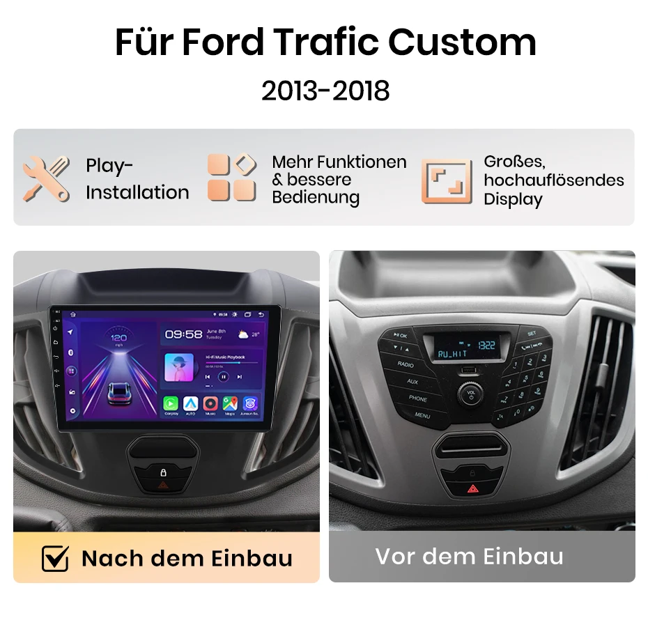 Junsun 9-Zoll Android 15 Autoradio für Ford Transit 2015-2018 mit Apple Wireless CarPlay, Auto-Touchscreen, Stereo-Multimedia-Videoplayer, intelligentes Fahrzeugsystem, 2-DIN-Autoradio-Haupteinheit, GPS-Navigation, Bluetooth 4G, WLAN, 8-Kern-Prozessor, FM, AM, DSP, RDS, DAB+ – Detail 4