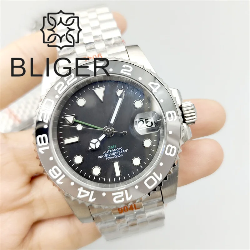 BLIGER 40mm NH34 GMT Watch For Men Bidirectional Rotated Black Gray Bezel Sapphire Glass Black Dial Green GMT Hands Text Jubilee