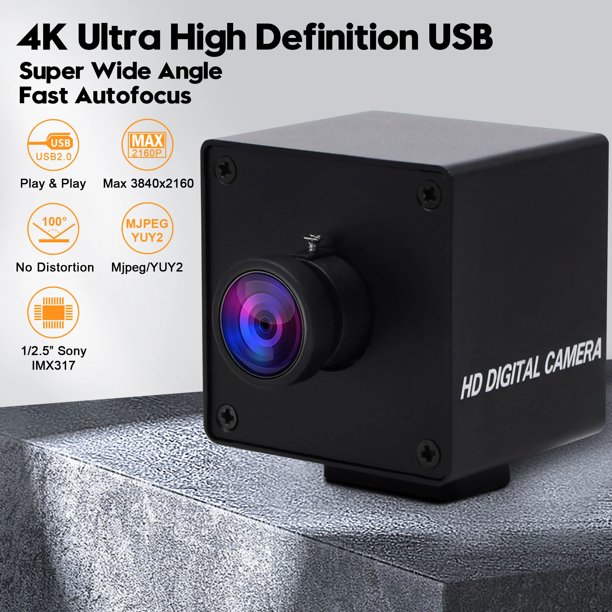 4K HD UVC USB Webcam, IMX317 Sensor, Fisheye Wide Angle, Free Driver Mini Camera for Industrial Vision