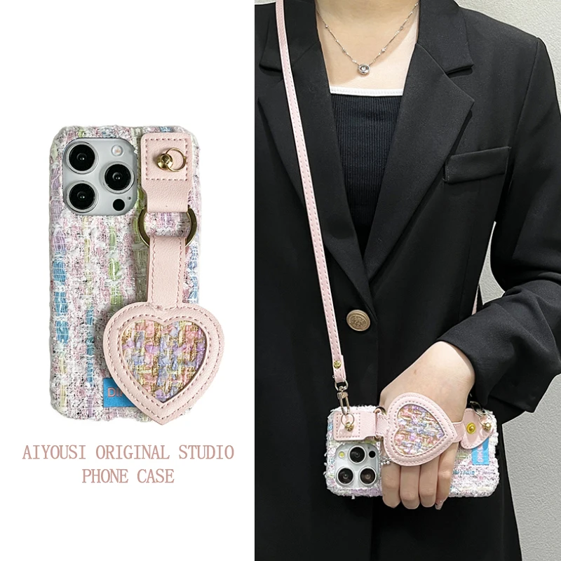 

Подростковый розовый тканый браслет в форме сердца для телефона Apple 16promax, чехол для телефона iphone 15pro 14pro, новый ремешок через плечо с защитой от падения 15promax