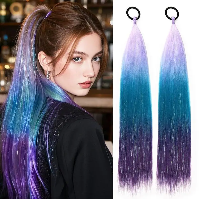 (BF06)1Pc Synthetic Colorful Laser Wire Ponytail Braided Shiny Long Straight Hair Ponytail Wig Synthetic Women Hair Extensions
