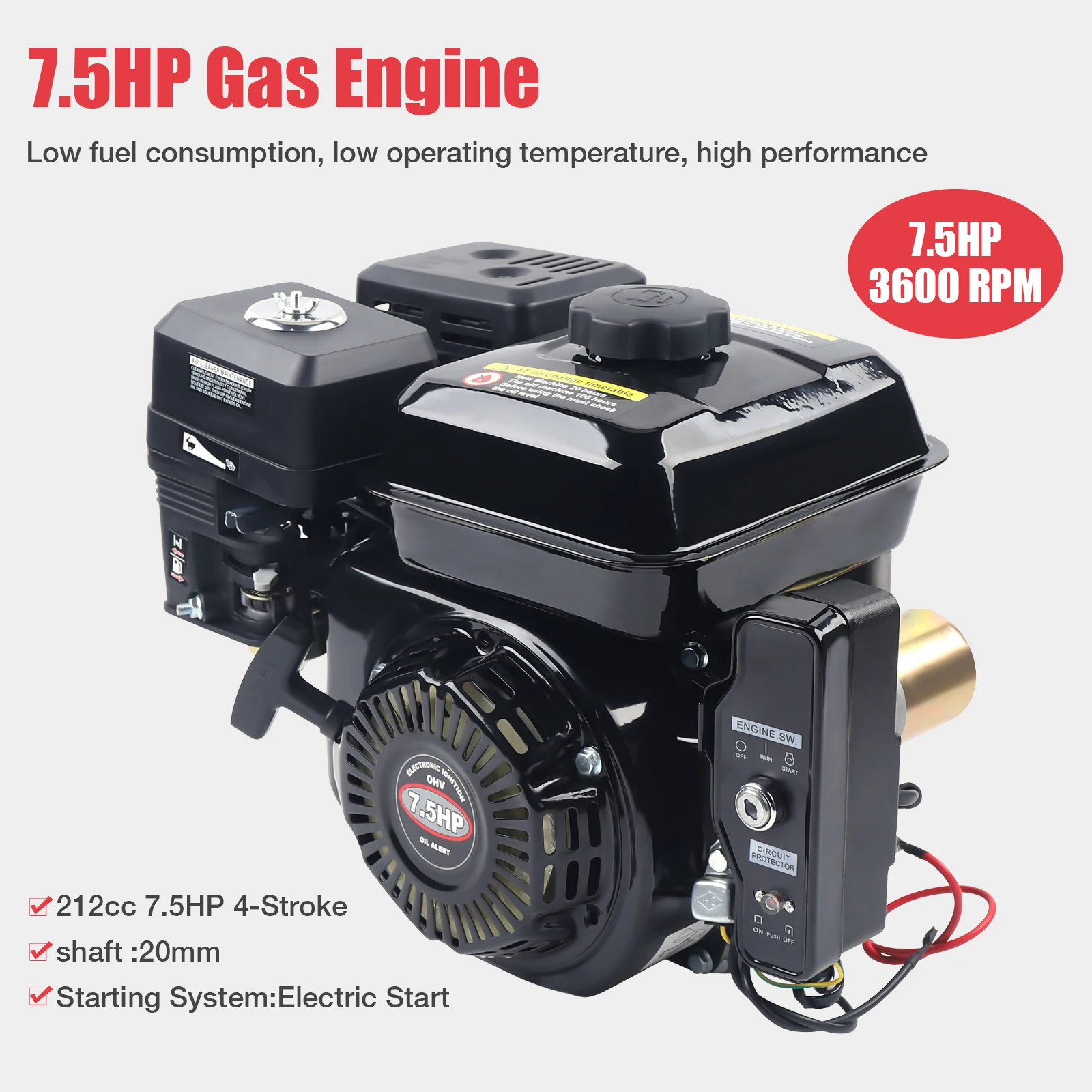 7.5 HP 4-Stroke Electric Start Horizontal Engine Go Kart Gas Engine Motor 212CC