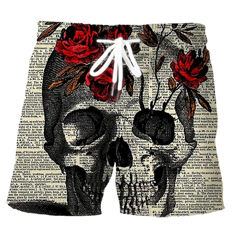 Shorts de plage gothiques 3D pour hommes, motif crâne et rose, shorts de bain décontractés, shorts de rue, vacances amusantes, shorts de surf, mode