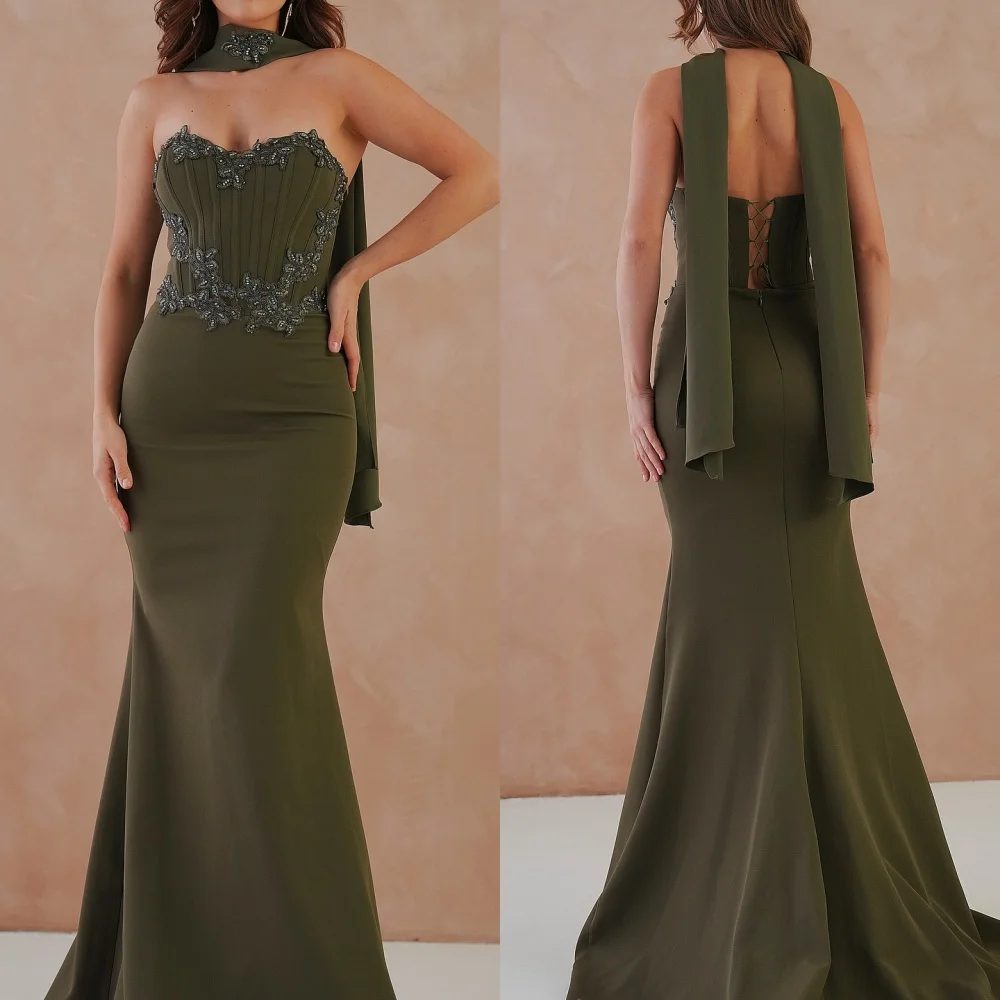 

Customized High Quality Elegant Jersey Beading Handmade Flower Mermaid Strapless Long Dresses Bespoke Occasion Dresses Matching