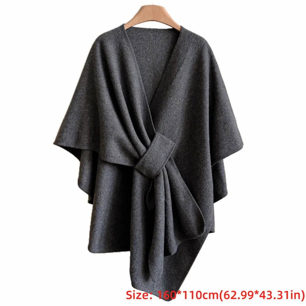 Retro Solid Color Cape Shawl Wool Blend Soft Open Cardigan Half Sleeve Loose Fit Fleece Poncho