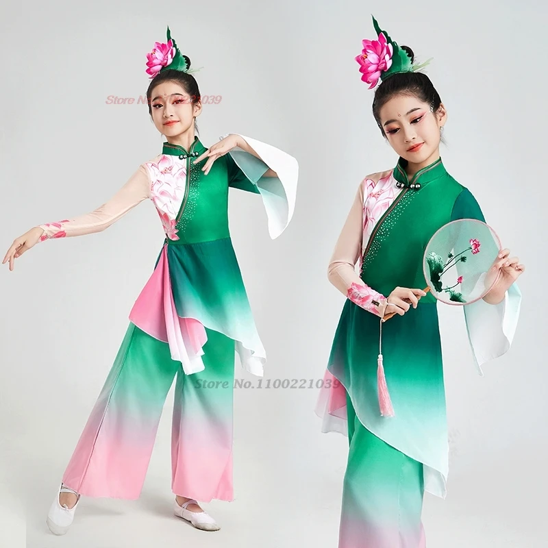 

2026 традиционный китайский детский танцевальный костюм, винтажный сетчатый топ с цветочным принтом, комплект ханьфу + брюки, сценическое народное платье