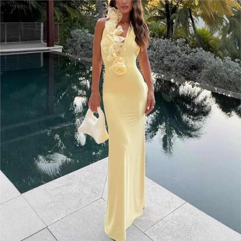 

French 3D Floral Sexy Long Dress Elegant Sleeveless Slim Party V-neck Halter Neck New Fashion Patchwork Backless Evening Dresses