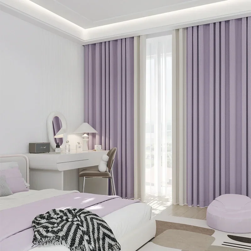 French Style Luxury Curtains for Bedroom Living Room Taro Purple Cream Colored Patchwork Curtains Cotton Linen Blackout Curtains