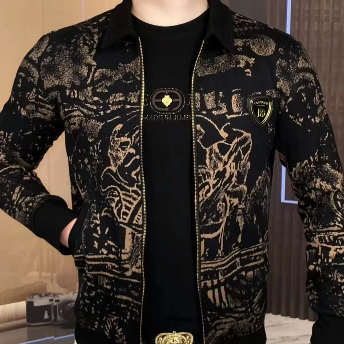 Men's Autumn/Winter Printed Jacket Men's Fashion New Style Personalized Handsome Collar Trendy Casual Versatile Coat