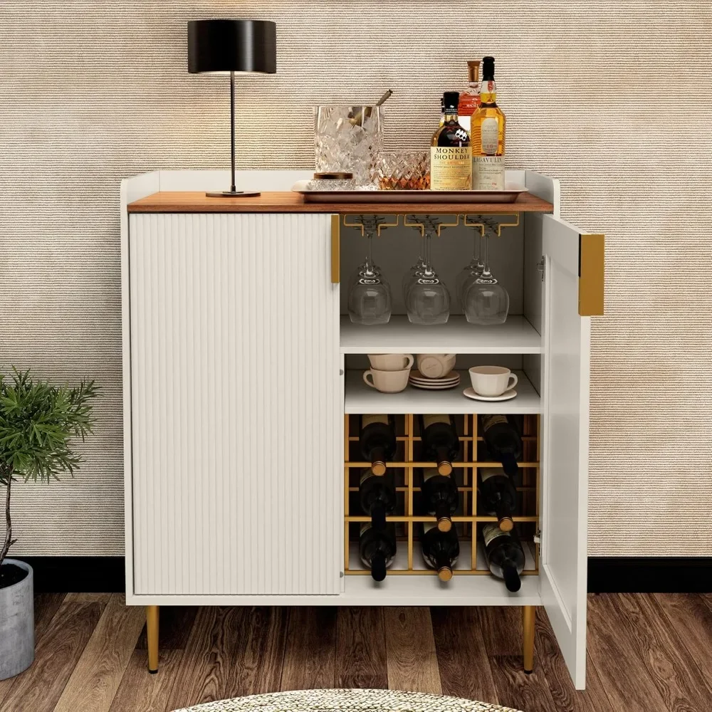 Armoire de bar à vin avec cannelures Bergame, armoire à café moderne avec porte-verre à vin T1, buffet de planche de cuisine blanche