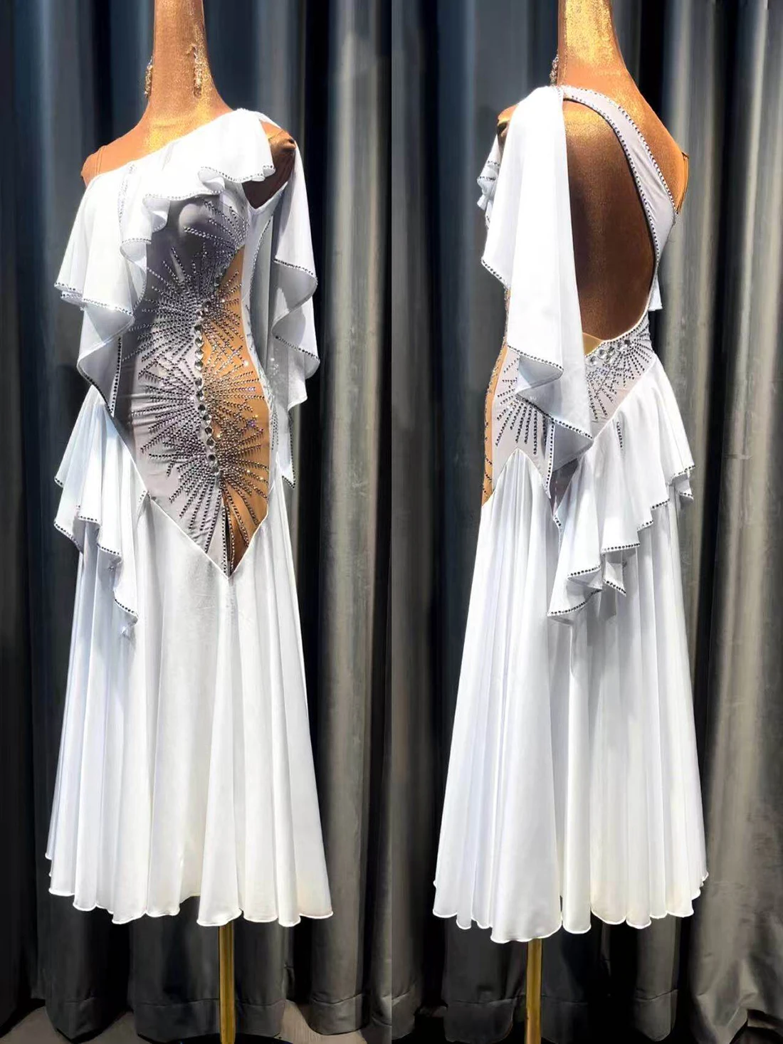 

Платье для латиноамериканских танцев для взрослых и детей, с камнями AB, элитное, на заказ, белое, с эффектом волны, в простом элегантном стиле, для ча-ча-ча и танго, женская одежда