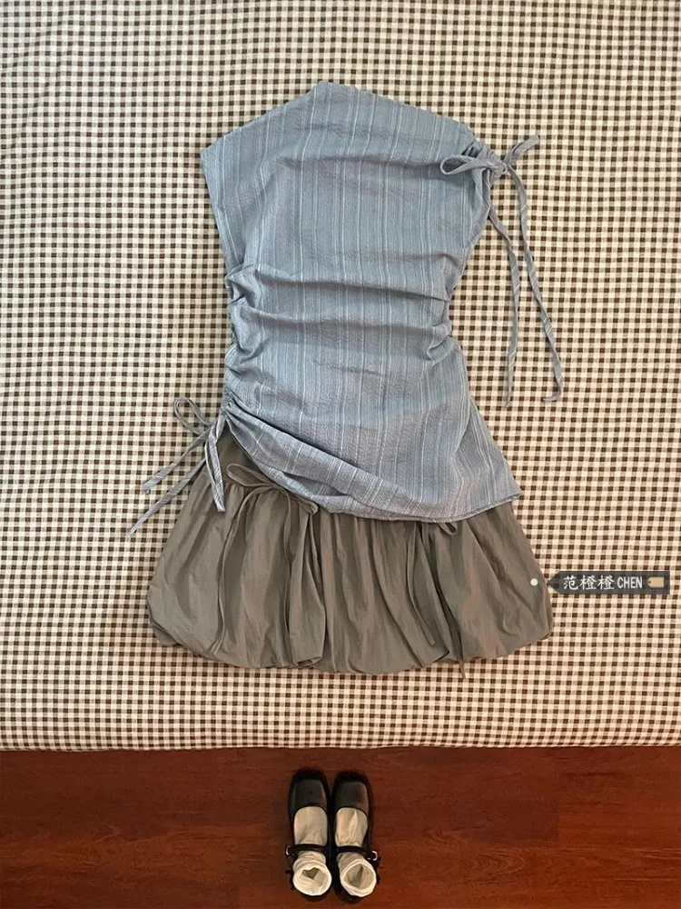 

Summer Korean Blue Striped Pleated Sleeveless Top for Women+ 2025 New High Waist Flower Bud A-line Skirt Two Piece Sets