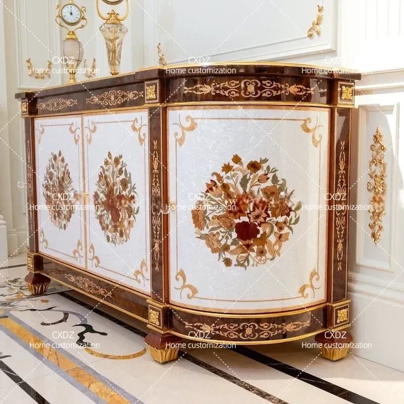 European solid wood carving flower entrance cabinet French luxury villa living room decoration cabinet household shell