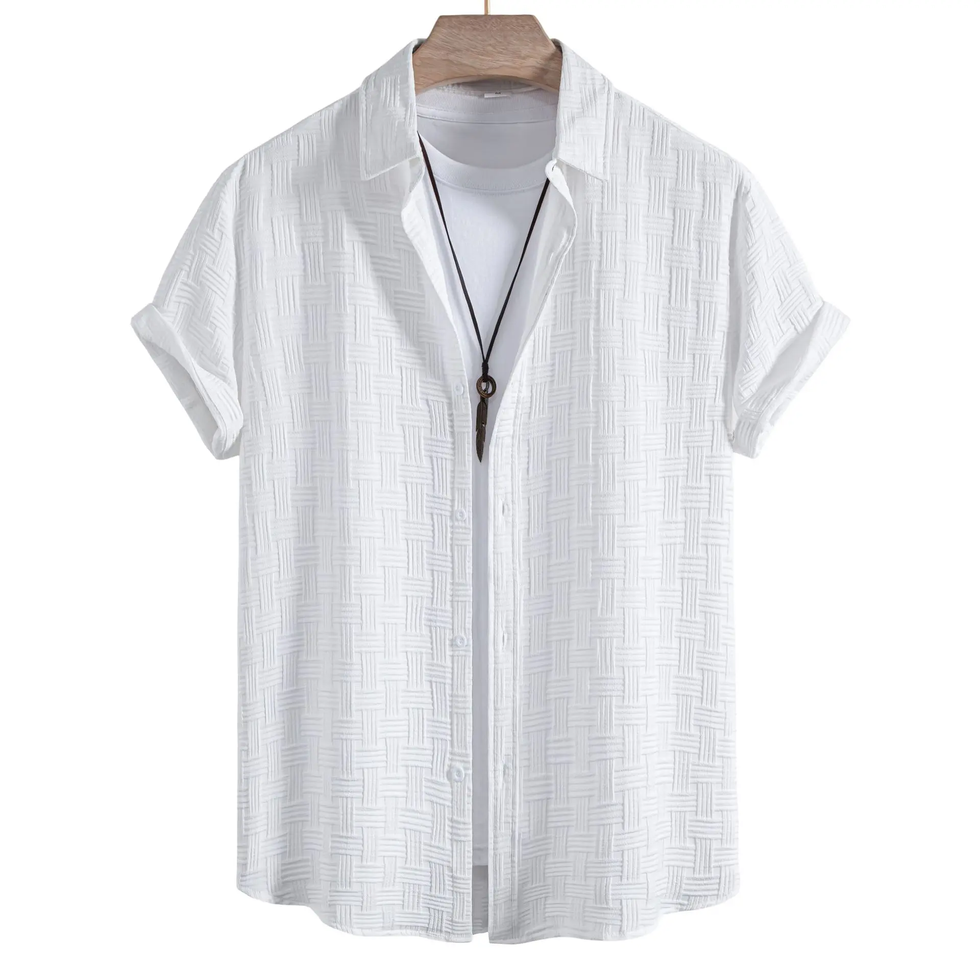 

Summer New Jacquard Solid Short Sleeve Mens Shirts