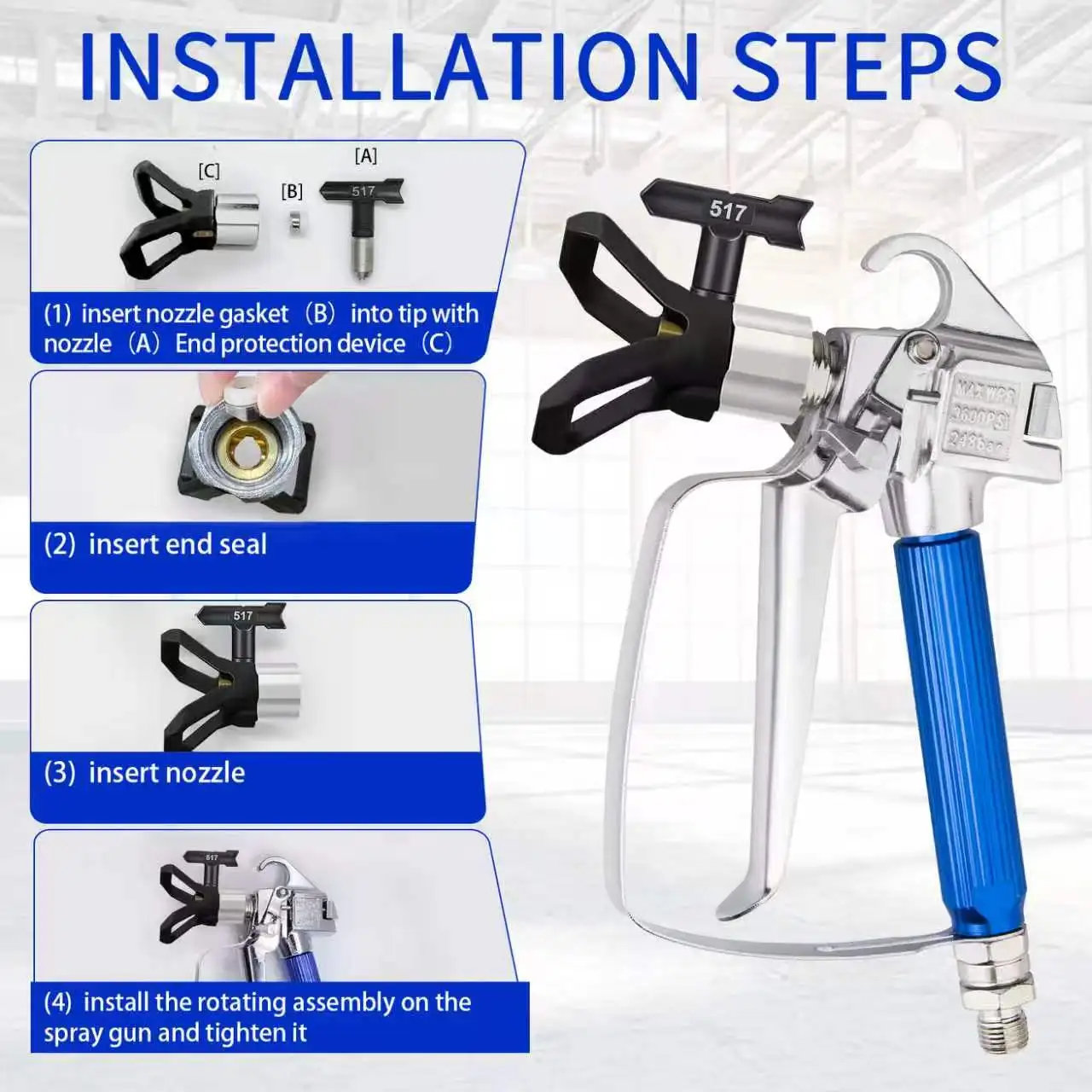 17PCS Airless Paint Sprayer Gun Kit 3600PSI High Pressure Spray Gun with 5 Reversible Tips 211 313 415 517 623 Tip Guard Extension Pole 50FT Hose Filters for Wall Furniture DIY view 3