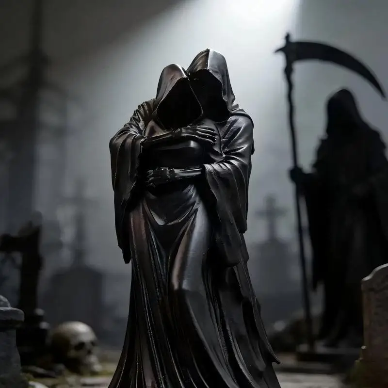 Weibliche Harzstatue des Todesengels, gotische sitzende Skulptur mit Sichel, düstere ästhetische Dekoration für Zuhause, Büro und Bücherregal – Detail 9