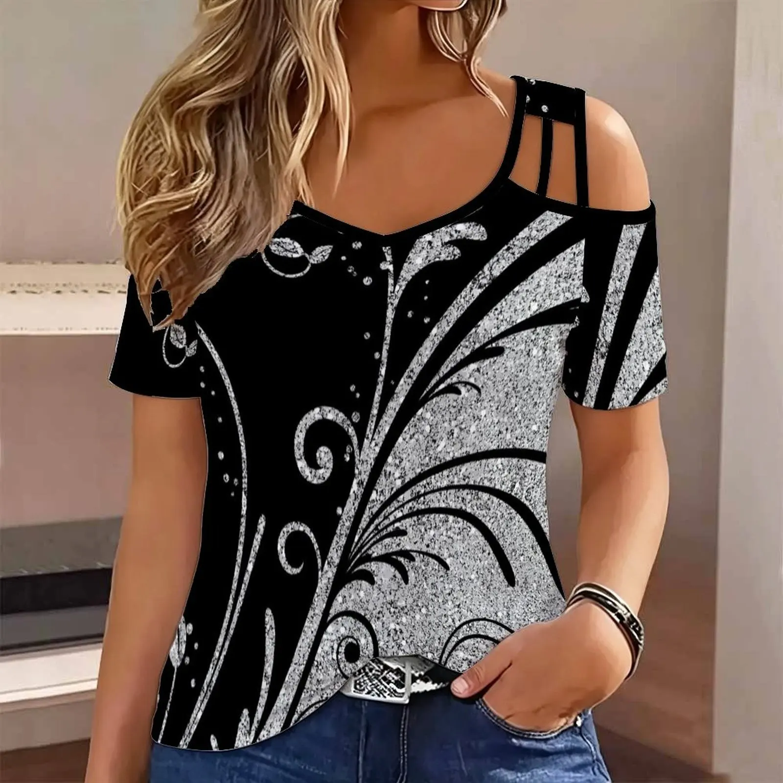 Plus Size Summer Ladies Slim Print Cold Shoulder V Neck T-shirt Fashion Casual Women’s Top Commuting Vacation Beach Outfits