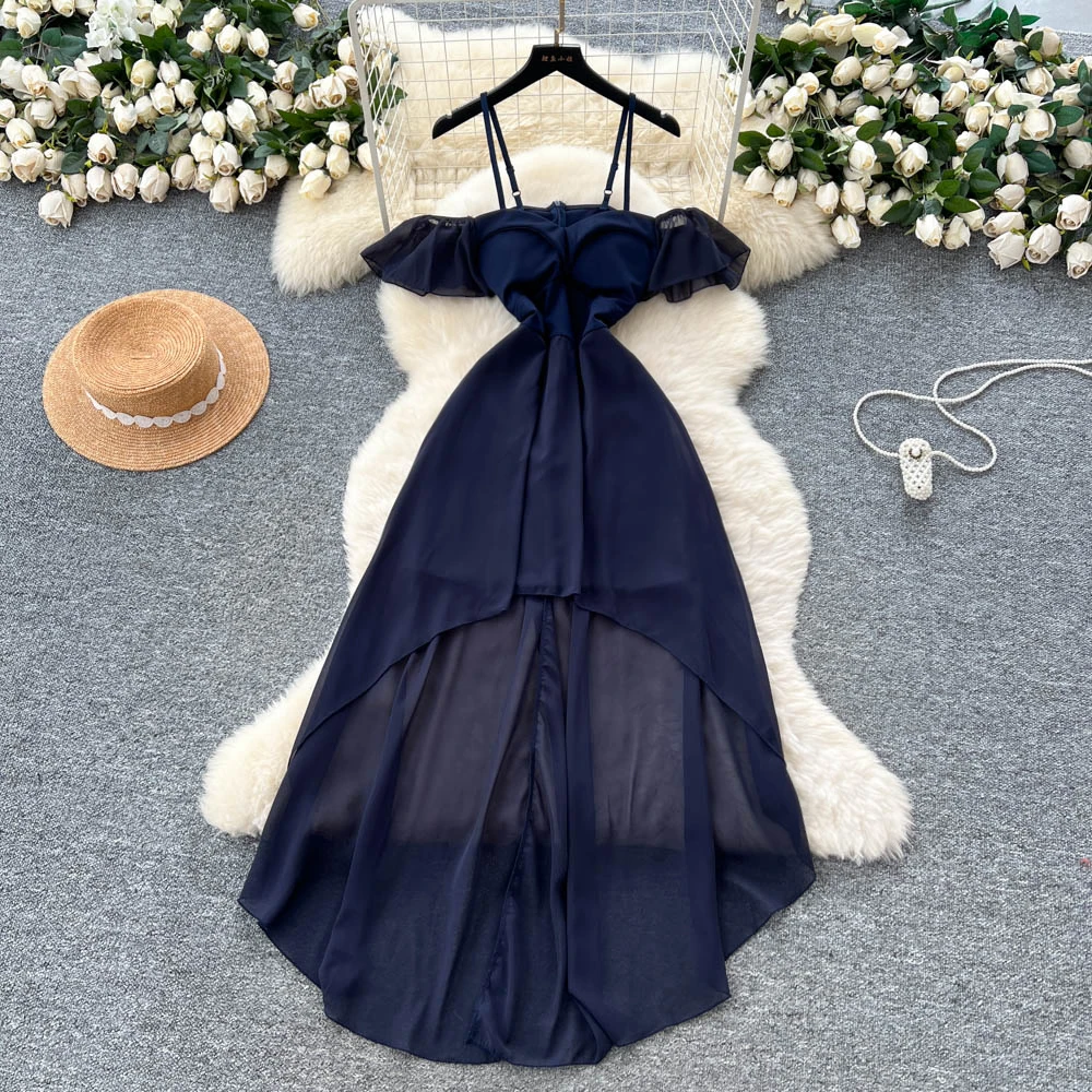 Chic vintage slash neck asymmetrical Elegant Fairy korean fashion Boho Sundress women clothing Long dress