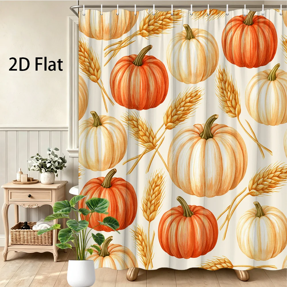 Autumn Pumpkin Shower Curtain, Wheat & Orange Gourd Print Waterproof Bathroom Decor, Farmhouse Fall Harvest Home Bath Screen