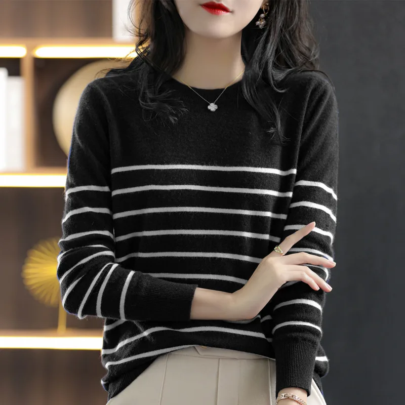 Pure Cotton Line Stripe Pop Sweater Women\'s Spring And Autumn Blouse Round Neck Knit Loose Inside With Outside Wear Bottom SMY18