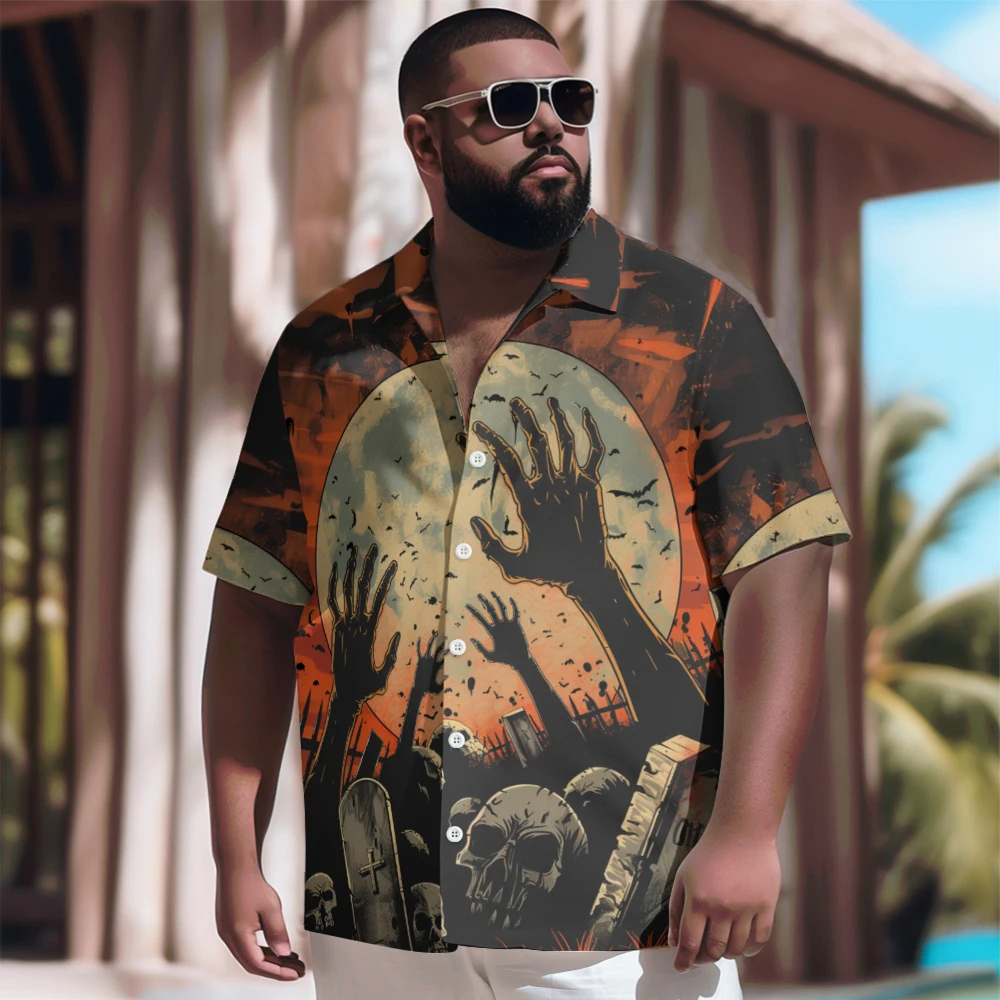 

New Hawaiian Shirt Men Goth Men Halloween Cemetery Carnival Printed Casual Short Sleeve Tops Vintage Plus Size Summer Shirts